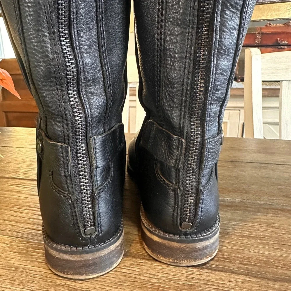 Franco‎ Sarto Black Leather Riding Tall Boots Zip Buckle Block Heel Womens 5.5
